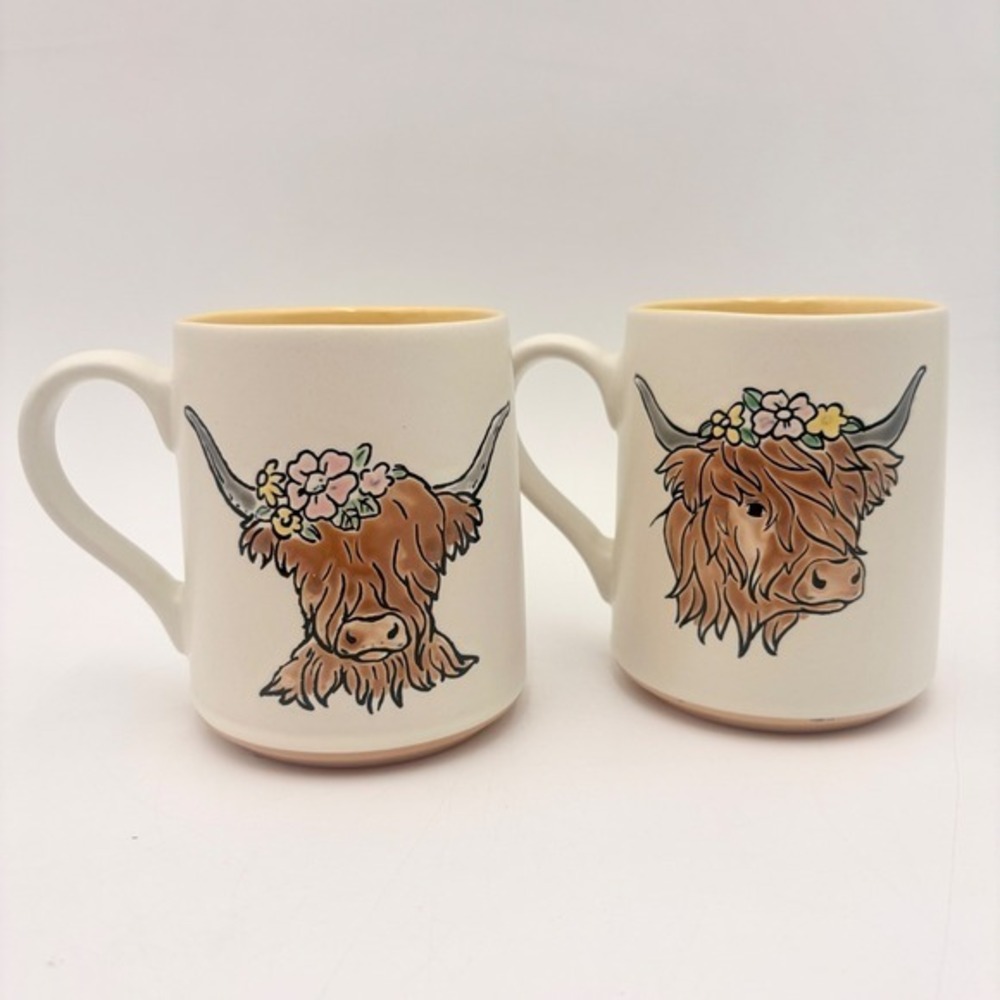 Spectrum Designz Highland Cow Floral Mug Set of 2 Cream Yellow‎ Interior